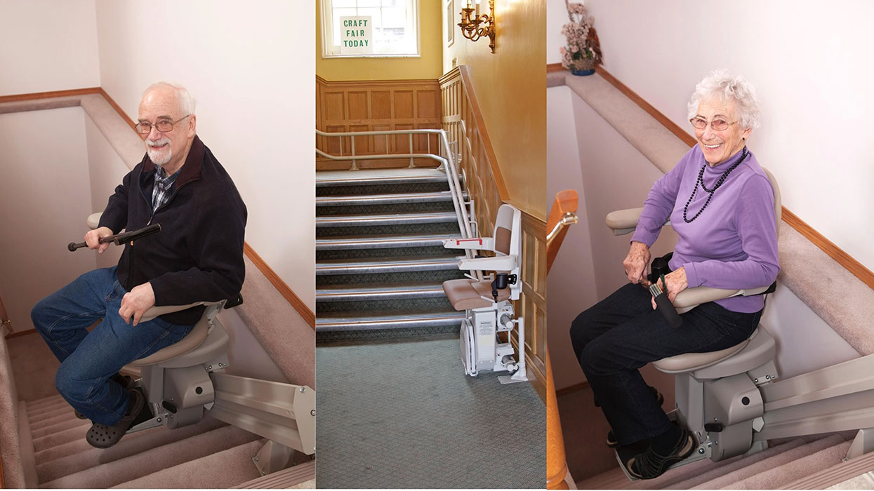 A combination of pictures of three Stairlifts installed on steps to 2nd floor. The middle picture is curve Stairlift installation in Potomac, MD